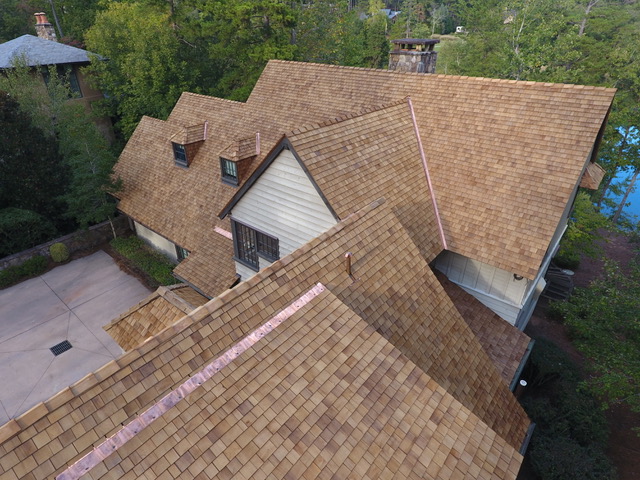 Cedar shingles and copper, Lake Keowee retreat — photo